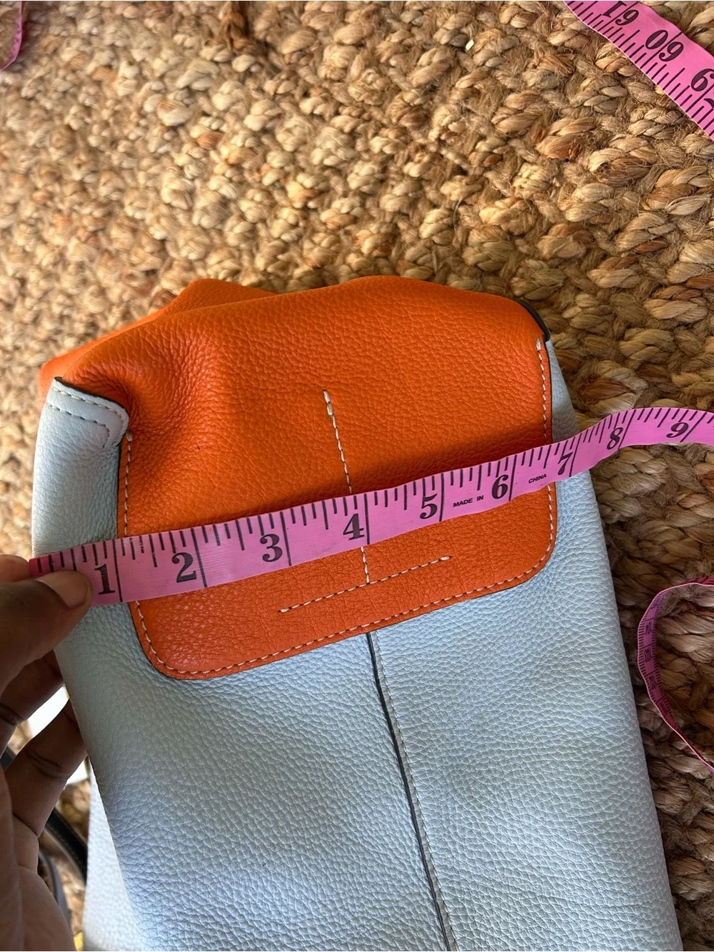 Tory Burch baby blue Pebbled Leather Tote with Orange, Red & Yellow Accents